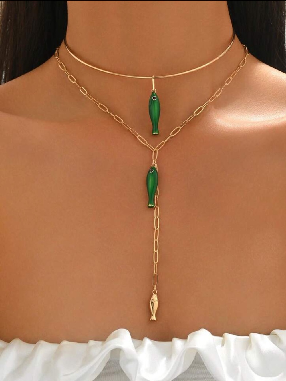 Gold Layered Necklace with Green Fish Charms R739